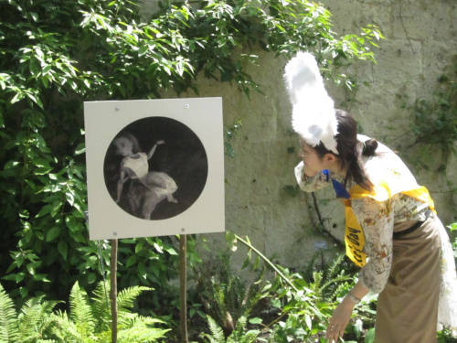 A visitor (dressed for the occasion) examines Alice's fall.