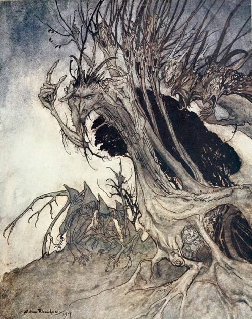 From The Haunted Garden's Facebook Page: "Calling shapes, and beckoning shadows dire." Illustration by the great Arthur Rackham in the 1921 Doubleday, Page edition of John Milton's "Comus." See the entire book online at https://openlibrary.org/books/OL14001590M/Comus.