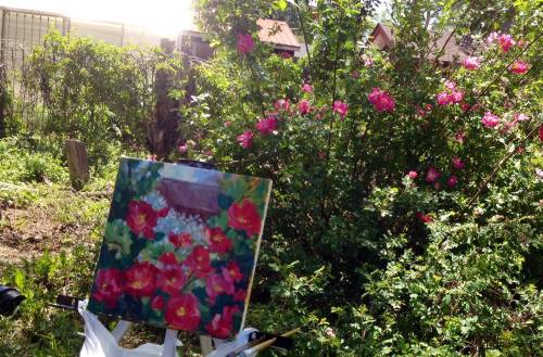 Garage and Canadian Explorer Rose Painting by Laura Reilly 